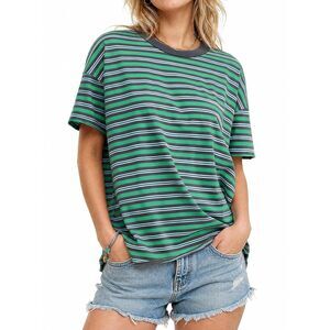 Womens Oversized Striped T-Shirts Summer Short Sleeve Casual Color Block